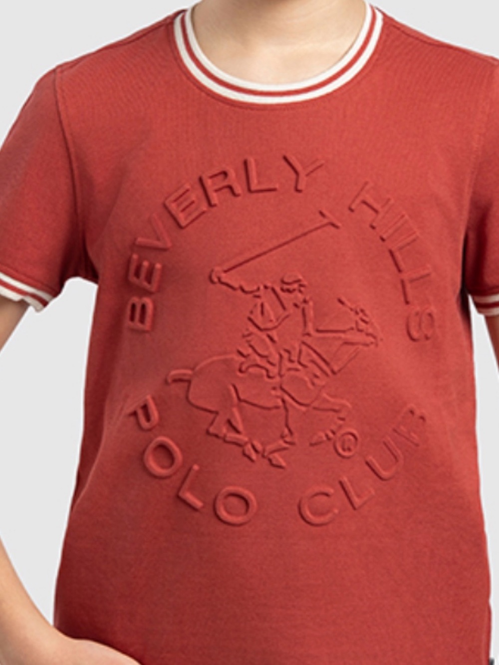 Beverly Hills Polo Club Brick Red Embossed Logo Tee with Stripe Trim